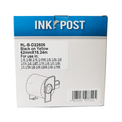 InkPost for Brother DK22606 62mm x 15.24m Black on yellow