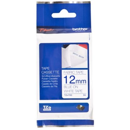 Brother TZEFA3 12mmx3m Blue on White Fabric Tape